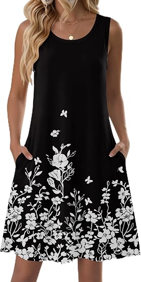 Women 2026 Sleeveless Casual Floral Tshirt Sundress with Pockets Loose Tank Beach Dress