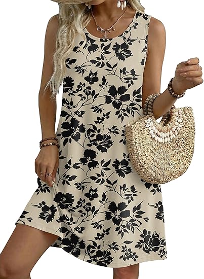 Women 2026 Sleeveless Casual Floral Tshirt Sundress with Pockets Loose Tank Beach Dress
